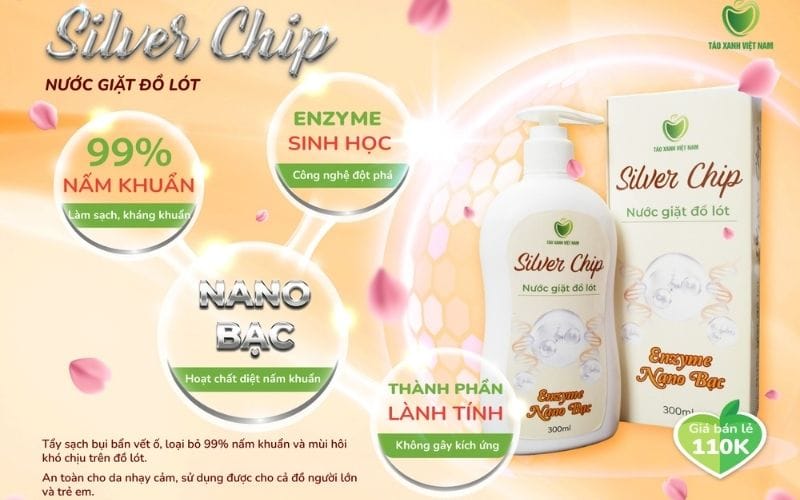 Silver Chip là nước giặt đồ lót chứa Nano Bạc, giúp loại bỏ vi khuẩn và nấm mốc trên quần lót